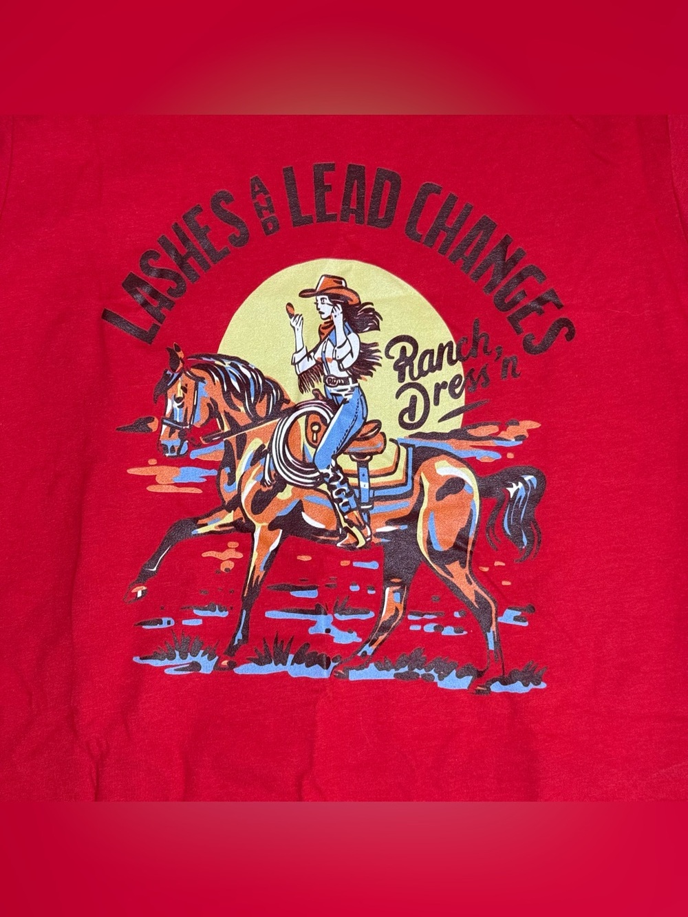 “Lashes and Lead Changes” Women’s Western Graphic T-Shirt Red size Medium - Picture 2 of 5